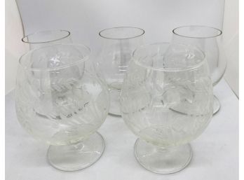 2 Etched Glass Brandy Glasses & 3 Plain