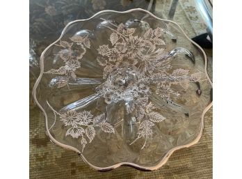 Floral Etched Glass Cake Plate With Silver Details