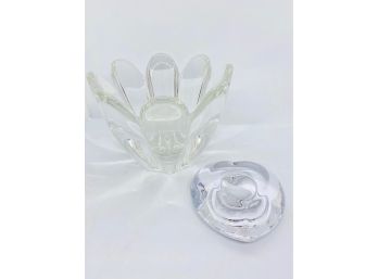 Vintage Orrefors Crystal Heart Shaped Candleholder & Petal Bowl, Sweden