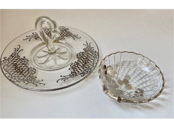 Crystal Swan Serving Plate  & Shell Bowl With Silver Inlay