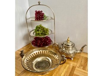 Silver Plate 3 Tiered Dessert Display, Tea Kettle & Large Serving Bowl