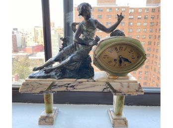 Vintage Metal Statue On 3 Piece Marble Base With Clock, Purchased In Paris