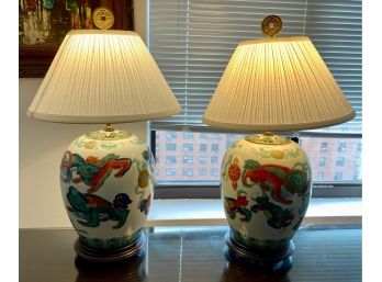 Set 2 Asian Porcelain Table Lamps With Dragons