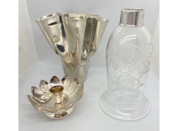 Etched Glass Hurricane Lantern, Pewter Vase & Lotus Shaped Silver Plate Candlestick