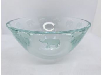 Signed Stephen Schlanser Crystal Art Glass Bowl With Elephant, 1996