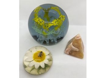 3 Paperweights:  Bee On Daisy,  Yellow & White Floral & Marble Pyramid