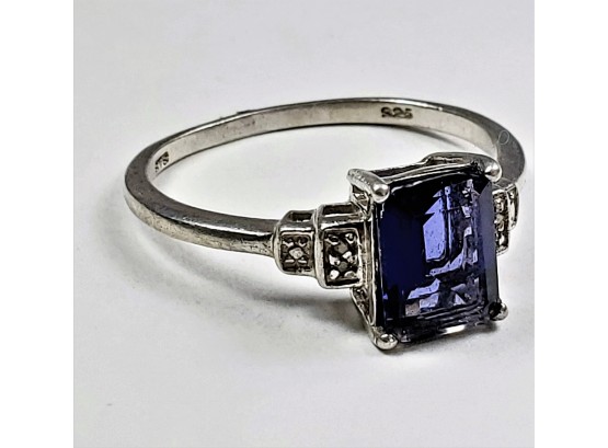 Emerald Cut Blue Stone Sterling Silver Large Size Ring