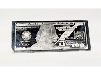 **4 Oz** .999 Silver Bar In Shape Of $100 Dollar Bill (in Plastic Case)