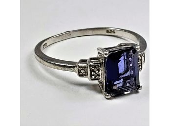 Emerald Cut Blue Stone Sterling Silver Large Size Ring