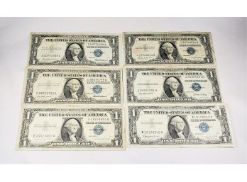 6 Silver Certificates Blue Seal  $1 Bills  (one Is A Star Note)