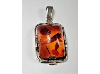 Large Amber Sterling Silver Pendant Lots Of Fossils