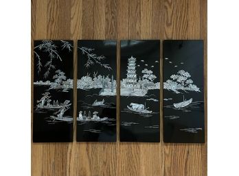 Set/4 Vintage Chinese Harbor Scene Panels Black Lacquer Inlaid Mother Of Pearl