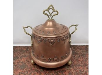 Vintage Art Nouveau Brass & Copper Pot With Lid Cachepot & Glass Liner