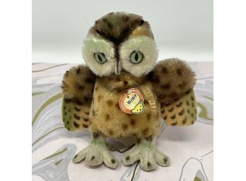 Vintage STEIFF Wittie Owl Stuffed Animal SWIVEL HEAD Green Eyes Felt Wings Tail