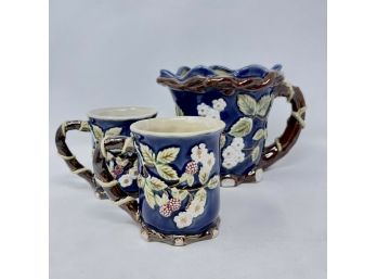 Set/3 Vintage Hand Painted Majolica Pitcher  2 Mugs Blue Raspberries Blossoms