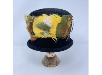 Vintage 1950s-1960s  'Originals By Mr Joseph' New York Black Hat With Feather Band