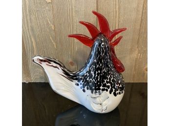 Vintage MURANO Hand Blown Art Glass Chicken Rooster Black White & Red 8' X 7.25'