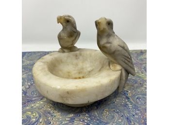 Vintage Italian Hand Carved Alabaster & Marble 5.5' Bird Bath W/2 Birds On Rim