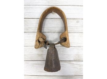 Antique Primitive Metal, Hand Carved Wood & Leather GOOSE Neck BELL