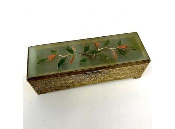 Vintage Brass Stamp Box W/ Transparent Jade Lid Dark Green Jade & Coral Accents