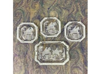 Lot/4 Engraved Crystal Hunting Equestrian Nut Dishes And Ashtray Set