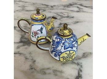 Pair Of Vintage 1999 KELVIN CHEN Hand Painted Enamel Mini Tea Pots #s 76 & 937