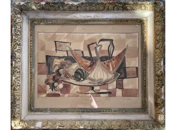 Incredible 1962 Signed BREE Ink & Watercolor Cubist Fruit Still Like In Wood & Gesso Gilt Frame