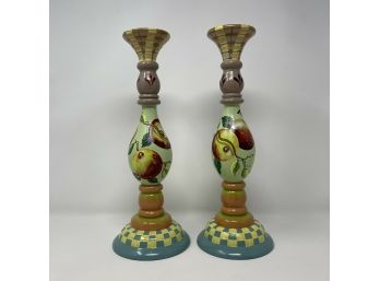 Pair Of Original Vintage Hand Painted Tracy Porter Apple 13' Wooden Candlesticks