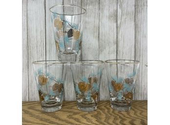 Set/4 Vintage 1950s LIBBEY Turquoise & Metallic Gold PINECONE Cocktail Glasses