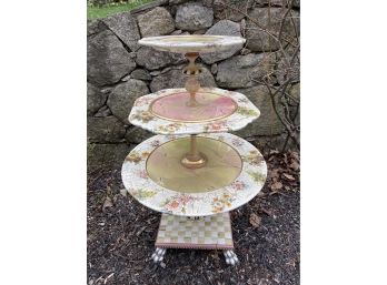 Vintage Hand Made Hand Painted MacKenzie Childs 3 Tier Table: Parchment Check, Courtly Check & Tromp L'oeil