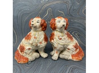 Pair Of Vintage STAFFORDSHIRE Dog Figures Hand Painted In Orange & Cream 8'