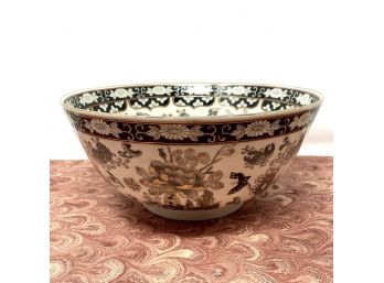 Vintage Hand Painted 12' Chinese Floral Centerpiece Bowl Black Iron Red Gray & Metallic Gold