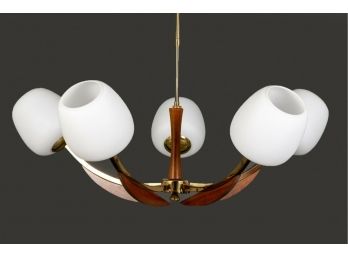 Rare MCM 5 Arm BRASS & WOOD Chandelier With White Frosted Glass Globe Shades