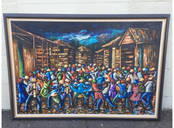 Very Large Vintage Haitian Oil Painting On Canvas Of Village Street Party Signed Soni ? Sony? Haiti 6ft X 4ftt