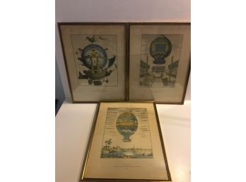 Three Vintage Framed Hot Air Balloon French Prints.