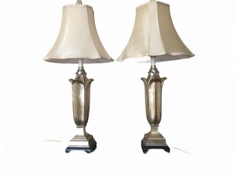 Pair Of  Golden Painted Wood Base Table Lamps.