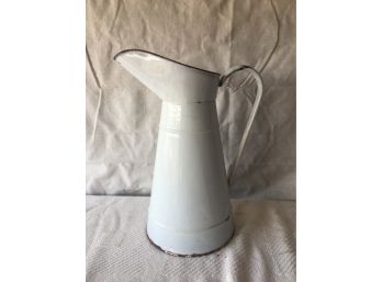 Vintage Antique White Enamel Water Pitcher With Red Rim.