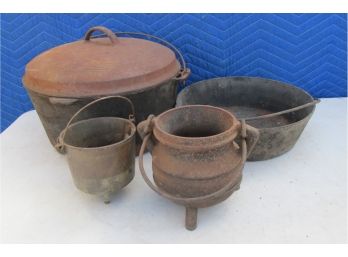 Collection Of 4 Vintage Antique Cast Iron Cookware, Dutch Oven, Pots, Etc.