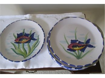 Set Of 6 Italian Made Hand Painted Pottery Fish Plates