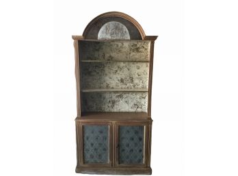 Vintage Antique Stepback Cupboard With Decorative Glass Arched Top And Doors