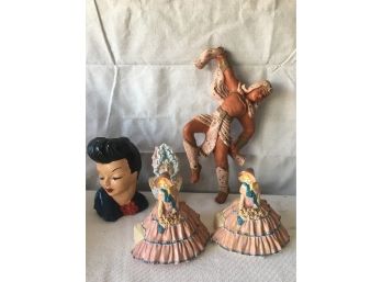 Collection Of Five Vintage Plaster And Porcelain Decorative Mid-Century Modern Items.