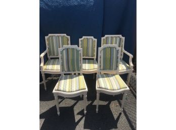 Set Of 5 Vintage French Country Style Chairs With Striped Upholstery.