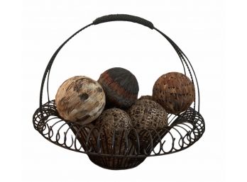 Decorative Black Wire Basket With Feathered Balls