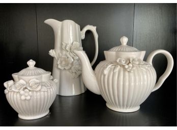 Collection Raised Flower Bone China ~ Pitcher, Teapot And Sugar Bowl