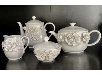 Collection Of Four Raised Flower Bone China ~ Two Teapots, Sugar & Creamer