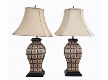 Pair Of Empire Style Porcelain Lamps With Cream Shades