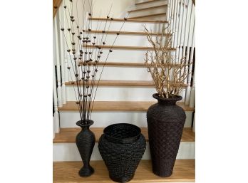 Trio Of Wicker Vases With Dried Grasses