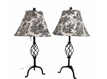 Pair Of Black Steel Spiral Lamps With French Toile Black & White Shades