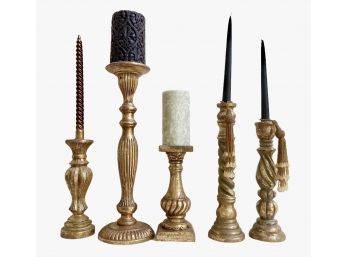 Five Gold Toned Pillar Candlesticks (C) 10' T 18'