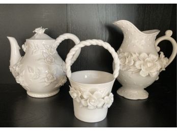 A Trio Of Raised Flower Bone China ~ Pitcher, Teapot And Handled Dish